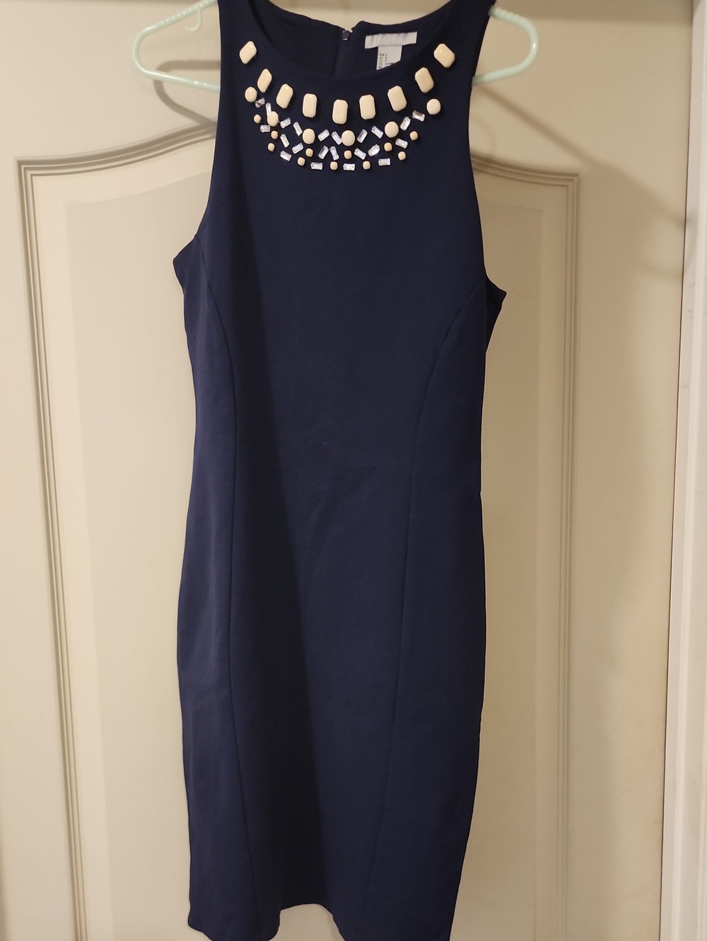 H&M Navy Midi Dress with Cream Beaded Neckline